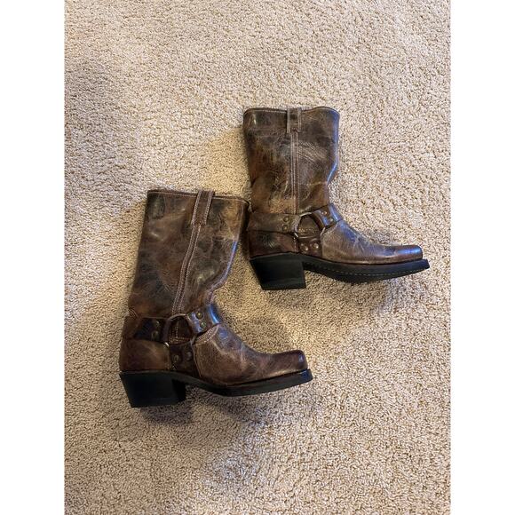 Women's FRYE Harness 12R Brown Distressed Leather Boots